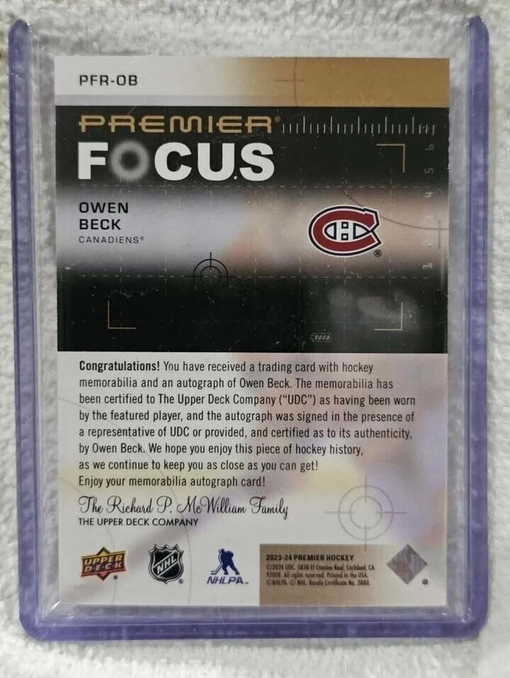 Owen Beck Rookie Card - Premier Focus #38/49 with Autograph